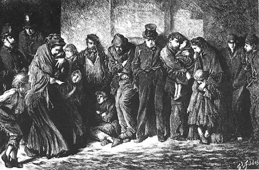 Ilustraciones en las obras de Dickens - Luke Fildes, Houseless and Hungry, The Graphic